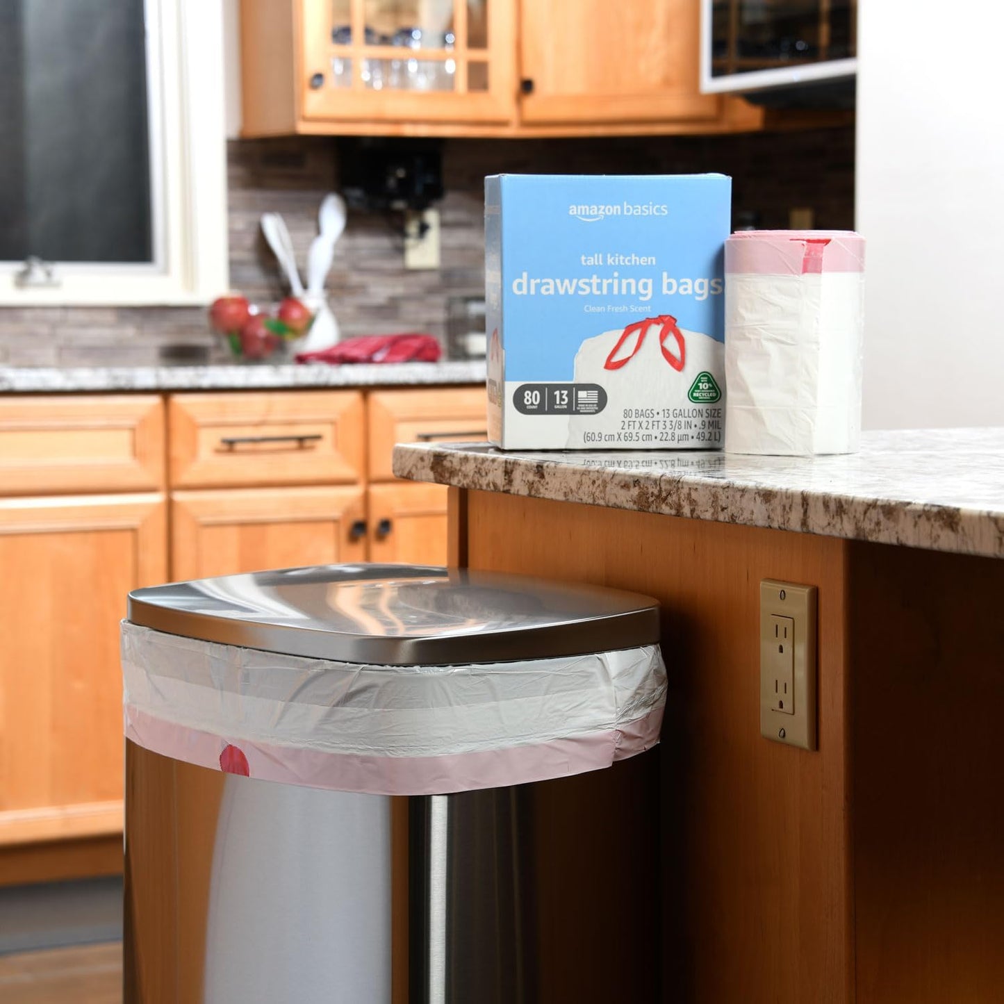 13 Gallon Tall Kitchen Drawstring Trash Bags, Clean Fresh Scent, 10% Post Consumer Recycled, 80 Count