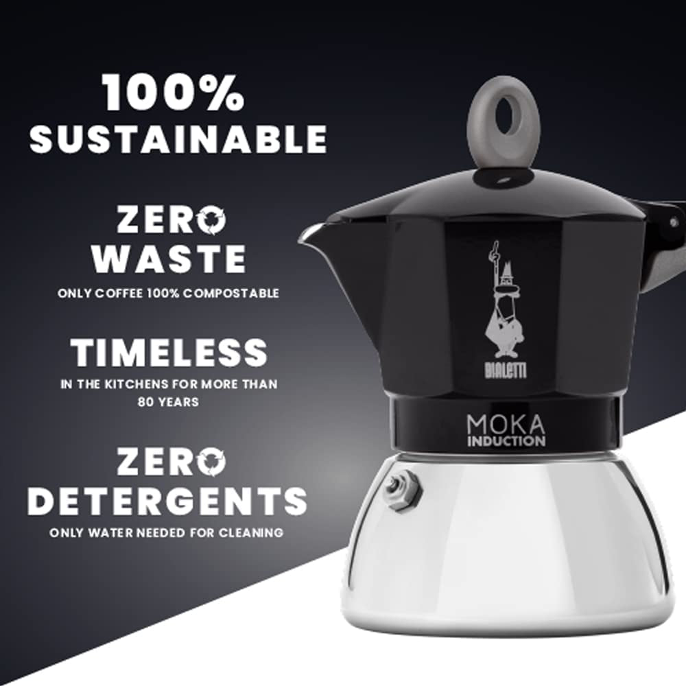 - Moka Induction, Moka Pot, Suitable for All Types of Hobs, 2 Cups Espresso (2.8 Oz), 90 Milliliters,Black