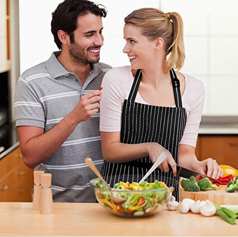 2 Pack Adjustable Bib Apron Thicker Waterdrop Resistant with 2 Pockets Cooking Kitchen Aprons for Women Men Chef, Pinstripe Black White