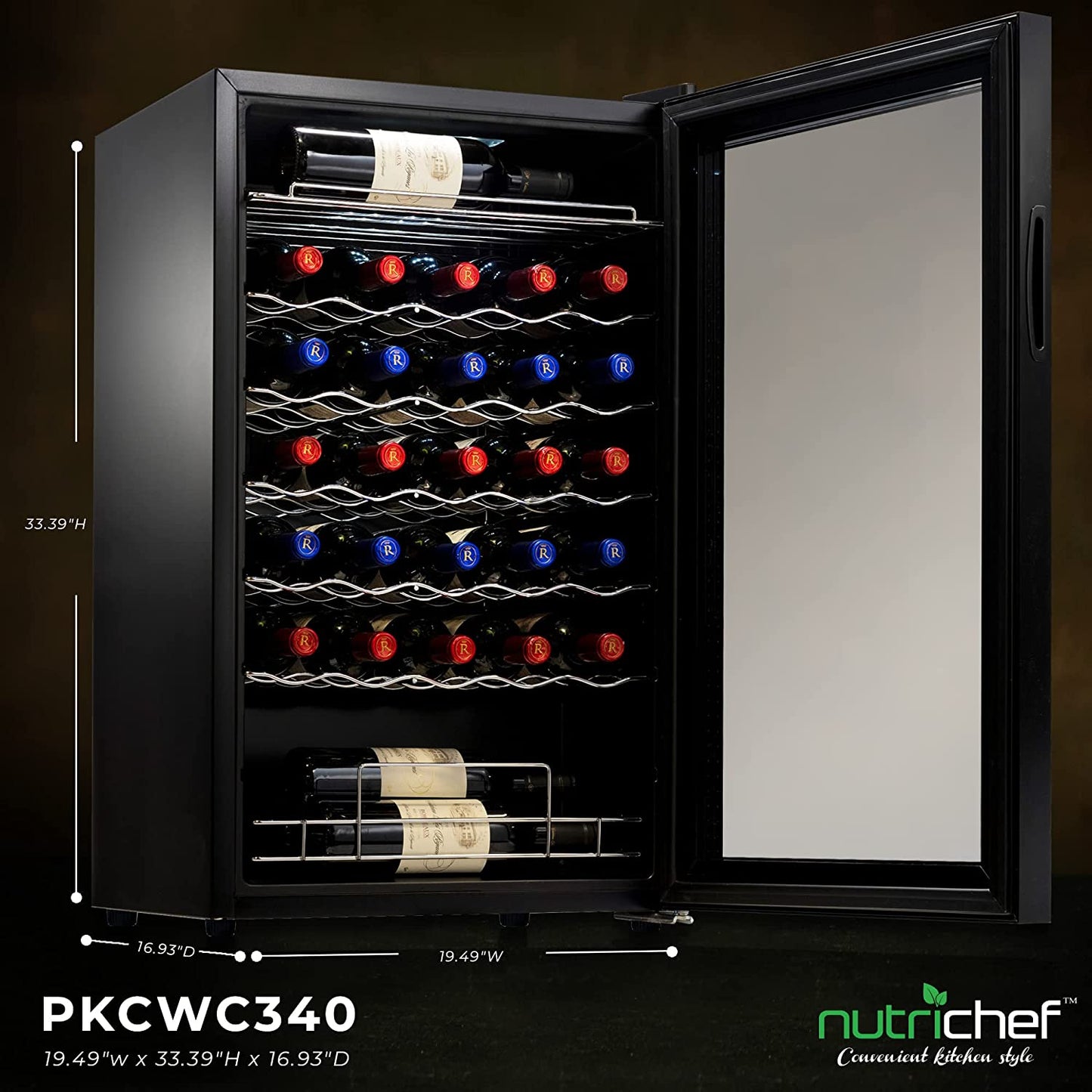 34 Bottle Compressor Wine Cooler Refrigerator Cooling System | Large Freestanding Wine Cellar Fridge for Red and White Champagne or Sparkling, Black Glass Door