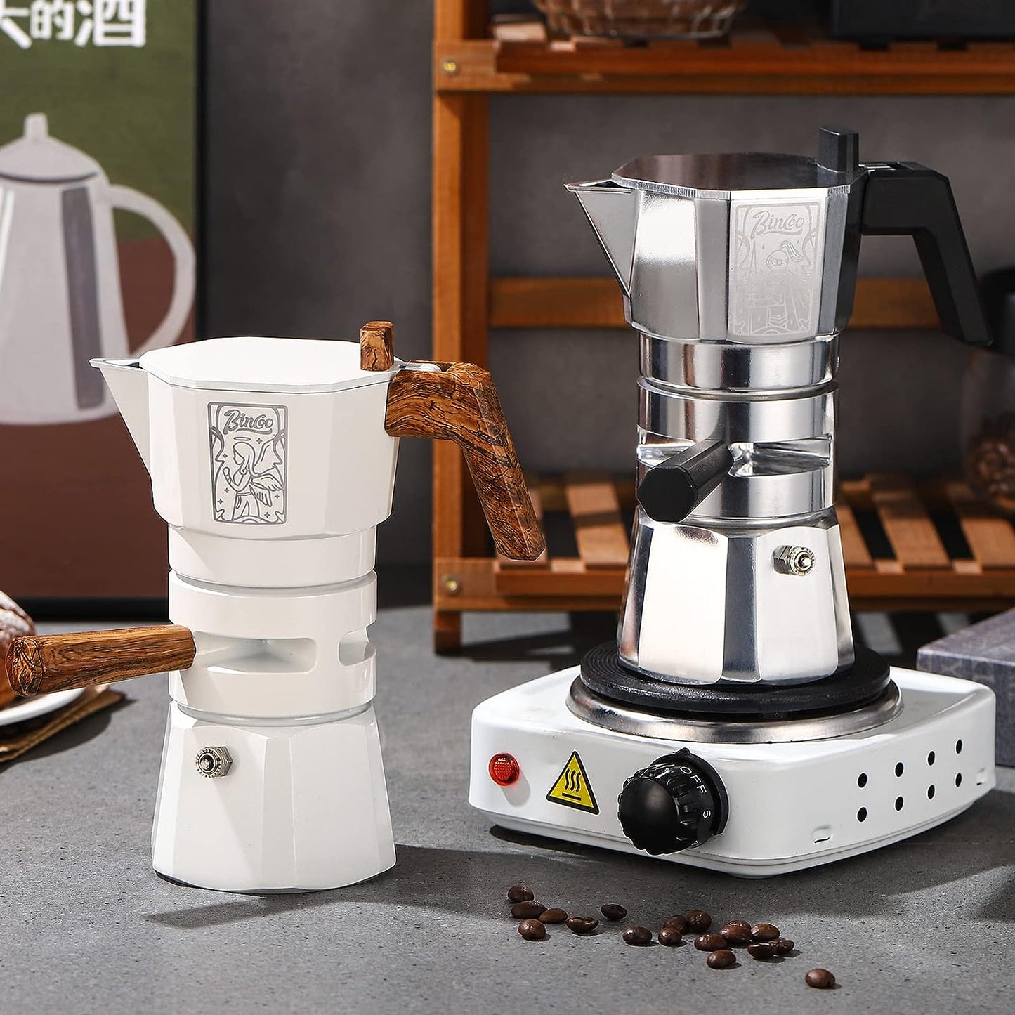 120ML/2 Cup Stovetop Espresso Maker Double Valve Moka Pot with Thermostat Extractor Prevent Over-Extraction,Italian Espresso Moka Pot with Powder Dispenser and Filter Paper for Home(Black)