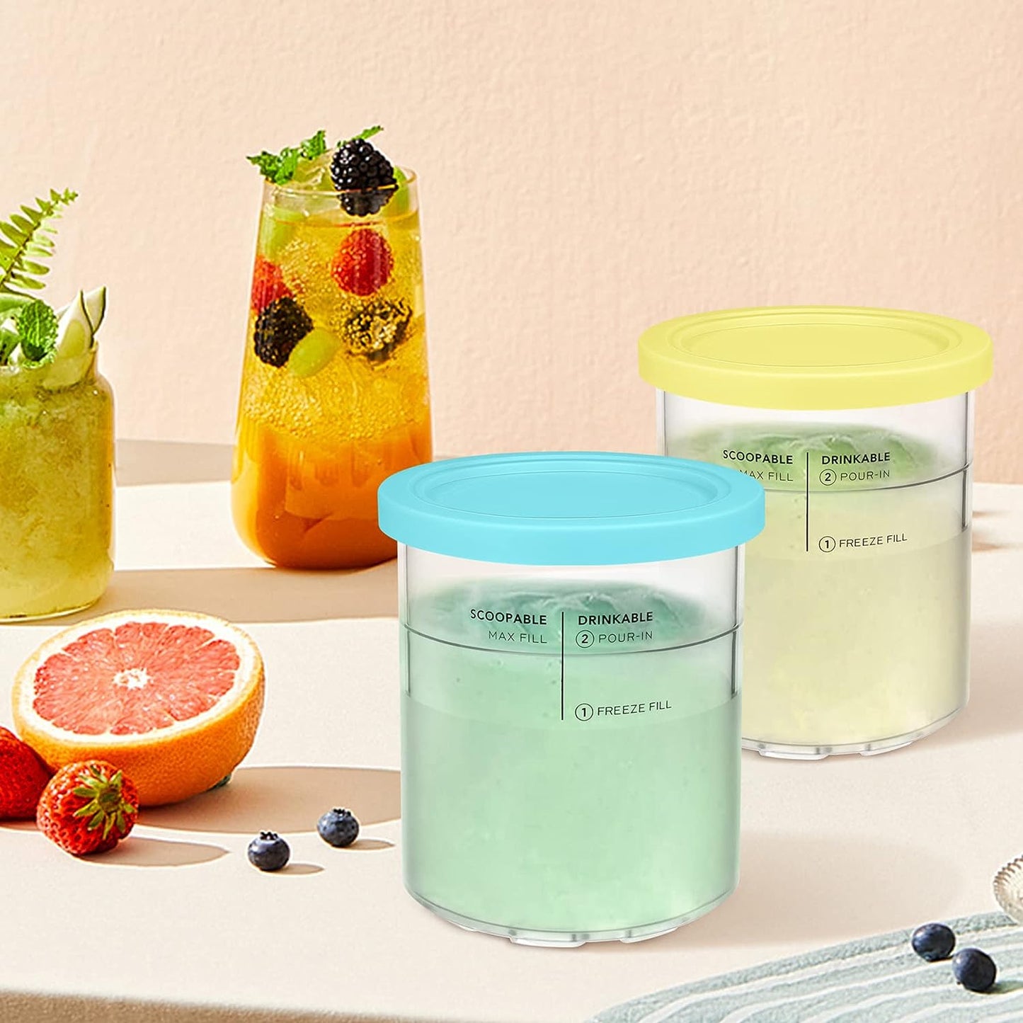 24 Oz. Containers | Extra Replacement Pints and Lids - Compatilbe with Ninja Creami NC501, NC500 Series/Deluxe 11-In-1 Ice Cream Maker (2 Pack - Blue, Yellow)