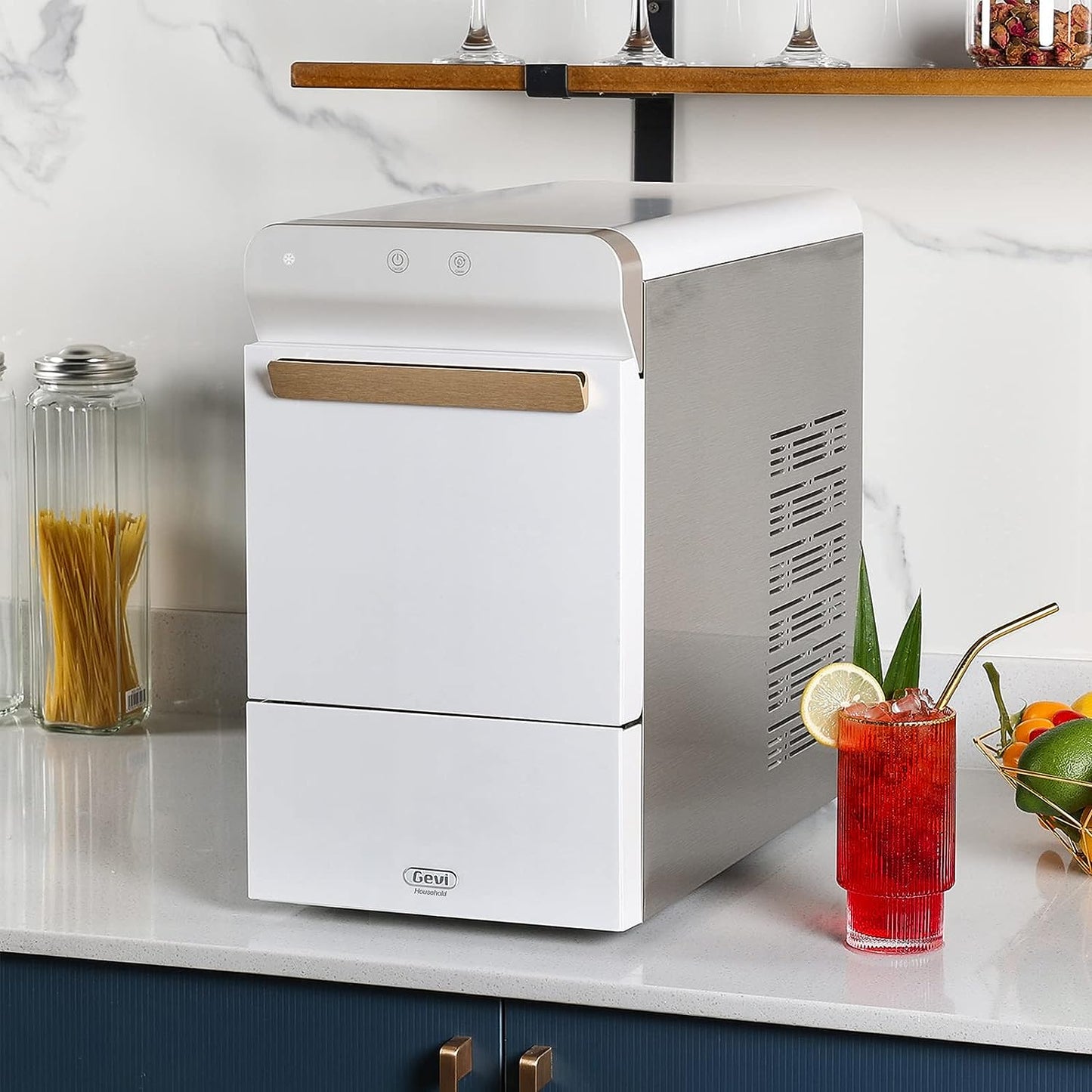 V2.0 Countertop Nugget Ice Maker | Self-Cleaning Pellet Ice Machine | Open and Pour Water Refill | Stainless Steel Housing | Fit under Wall Cabinet | White