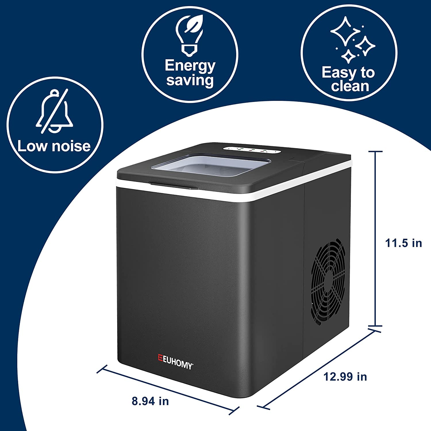 Euhomy Ice Maker Machine Countertop, 26 Lbs/24H, 9 Cubes Ready in 6 Mins, Self-Cleaning Electric Ice Maker Compact Potable Ice Maker with Ice Scoop and Basket. for Home/Kitchen/Camping/Rv.(Black)