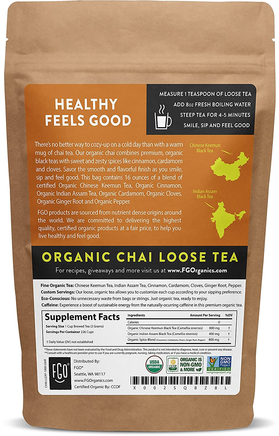 Organic Chai Loose Leaf Tea | Brew 200 Cups | Blended in USA | 16Oz/453G Resealable Kraft Bag | by