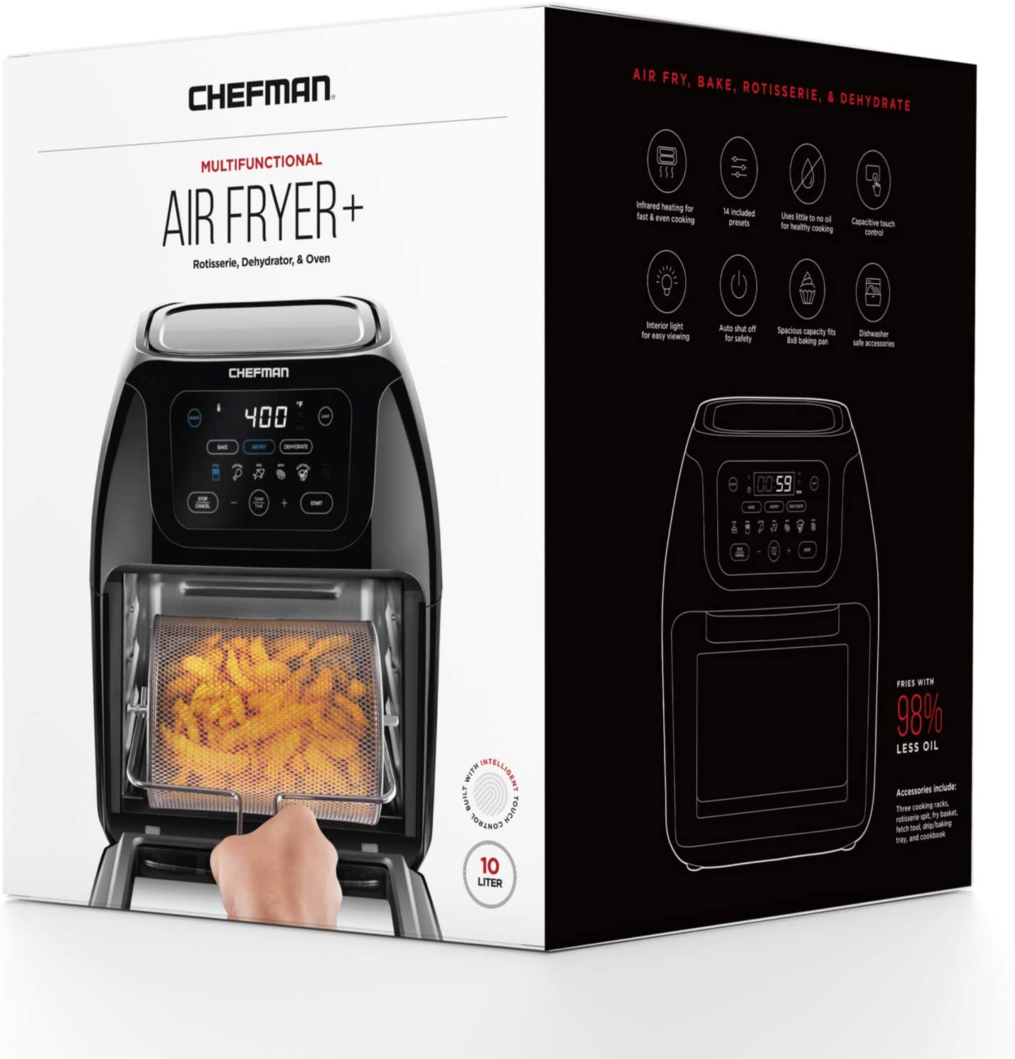 Multifunctional Digital Air Fryer+ Rotisserie, Dehydrator, Convection Oven, 17 Touch Screen Presets Fry, Roast, Dehydrate & Bake, Auto Shutoff, Accessories Included, XL 10L Family Size, Black