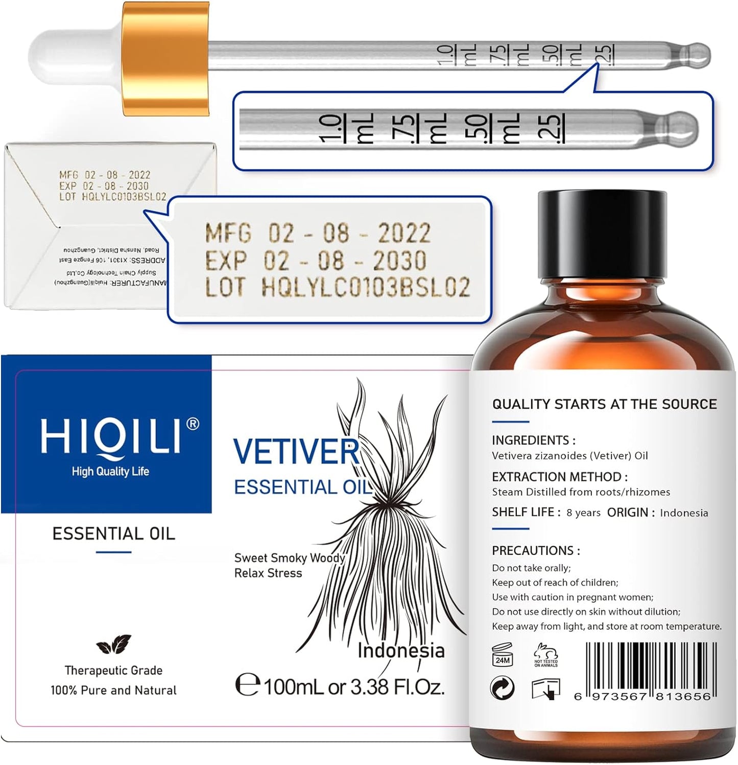 Vetiver Essential Oil, 100% Pure Natural for Diffuser,Skin Care - 3.38 Fl Oz.