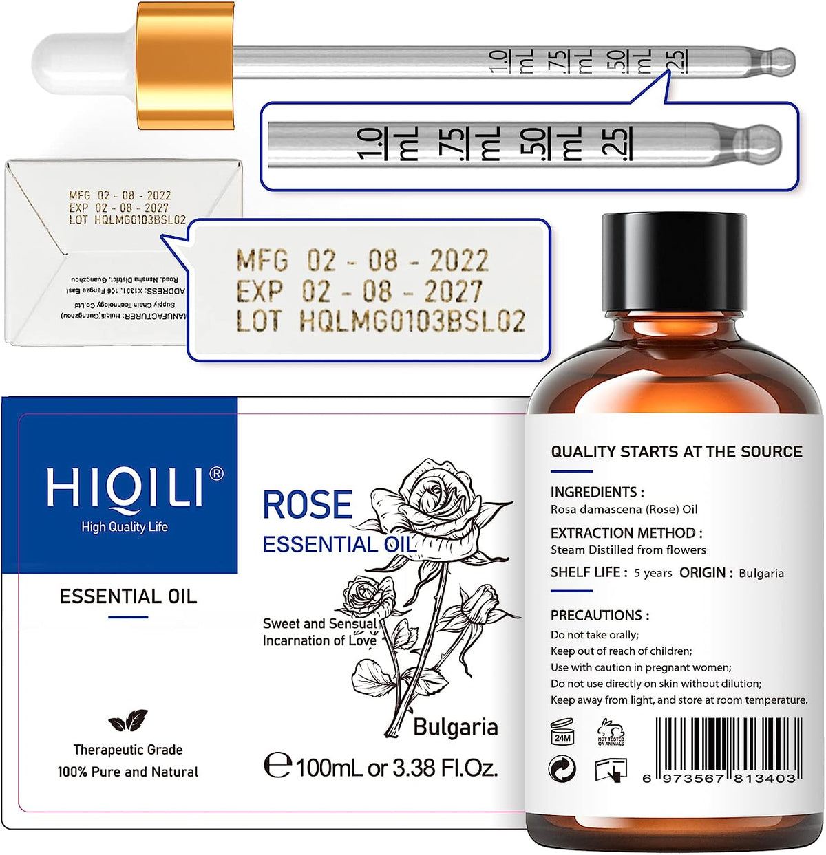 Rose Oil Fragrance Essential Oil, Premium Grade for Diffuser, Skin, Hair, Candle Making, Soap Making,Large Bottle with Dropper & Gift Box- 3.38 Oz