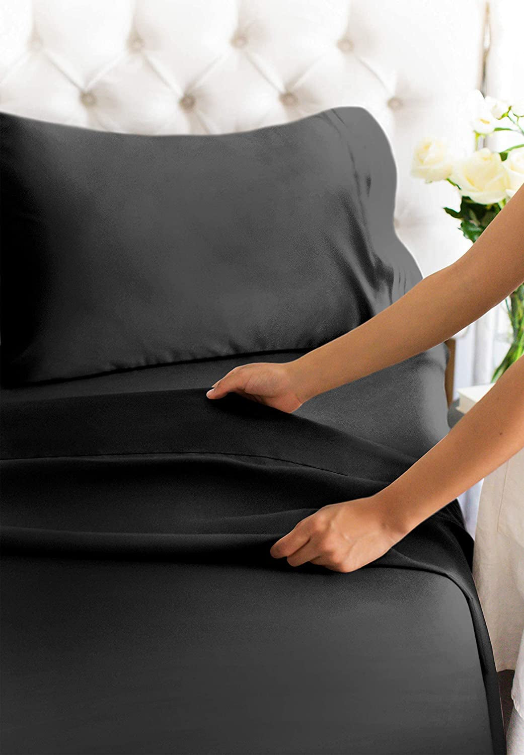 California King Size 4 Piece Bedding Sheet Set - Breathable & Cooling - Hotel Luxury Bed Sheets Set - Easy Fit - Soft, Wrinkle Free & Comfy Black Oeko-Tex Bedding Sheets - Deep Pockets Sheet Set