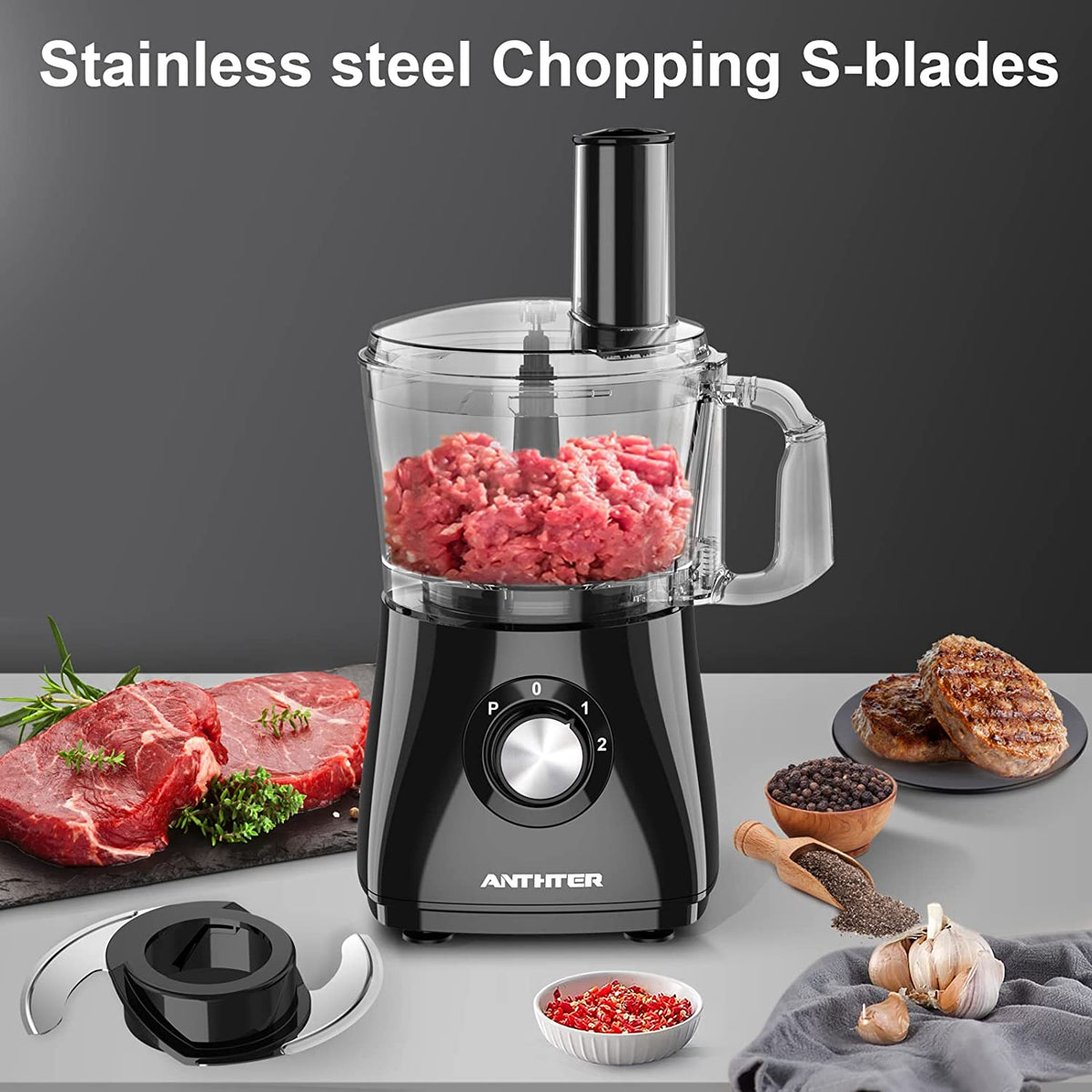 Food Processor, 600W Professional Food Processors & Vegetable Chopper, with 7 Processor Cups, Reversible Disc, Chopping Blade & Dough Blade for Chopping, Slicing, Purees & Dough