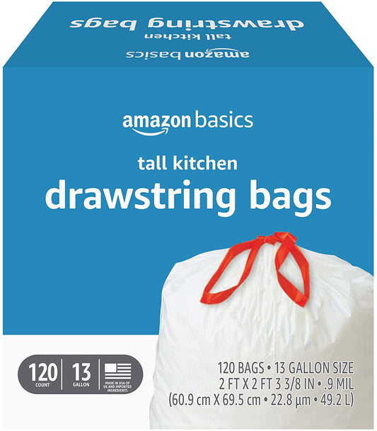Trash Bags, Tall Kitchen Drawstring, Unscented, 13 Gallon, 120 Count, Pack of 1