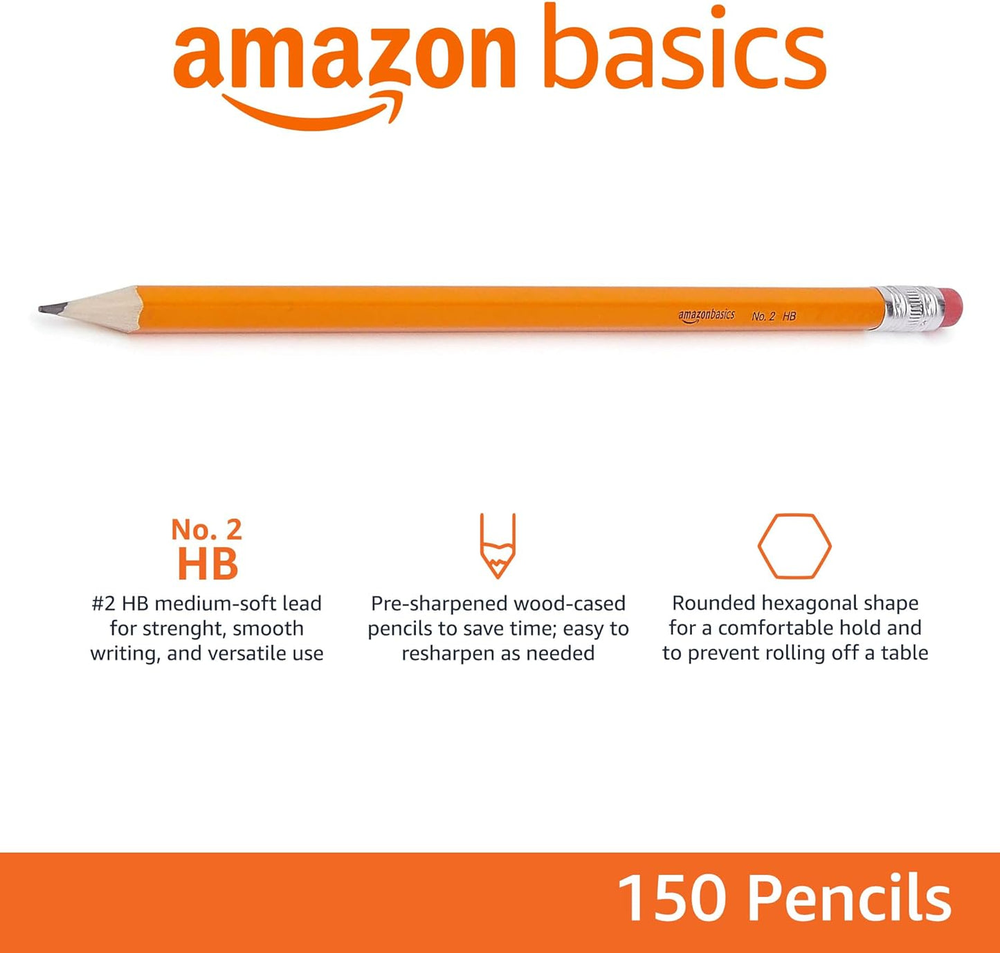 Wood-Cased #2 Pencils, Pre-Sharpened, HB Lead Bulk Box, 150 Count, Yellow