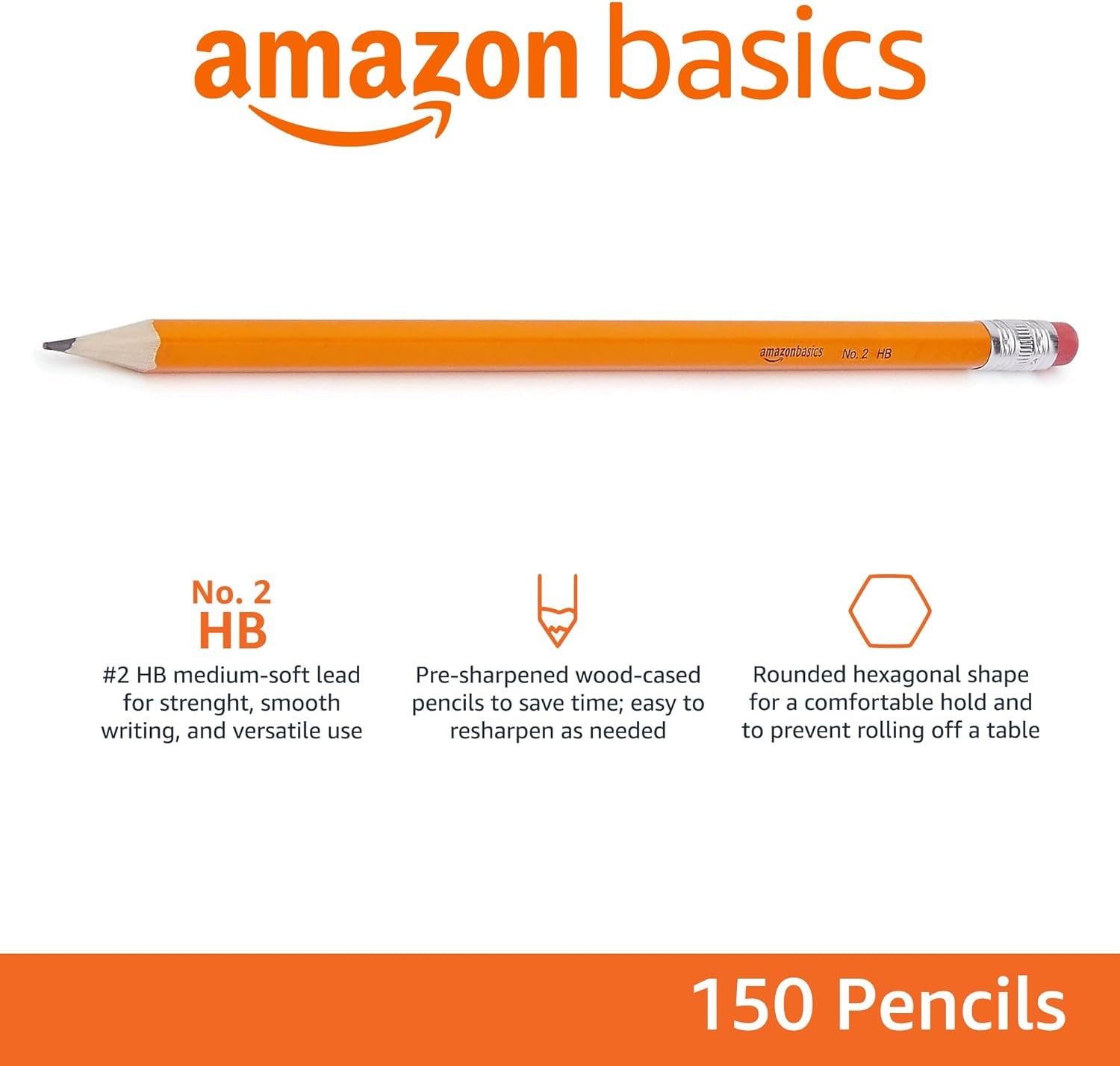 Wood-Cased #2 Pencils, Pre-Sharpened, HB Lead Bulk Box, 150 Count, Yellow