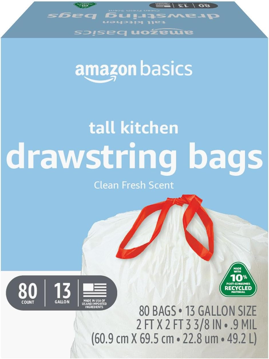 13 Gallon Tall Kitchen Drawstring Trash Bags, Clean Fresh Scent, 10% Post Consumer Recycled, 80 Count