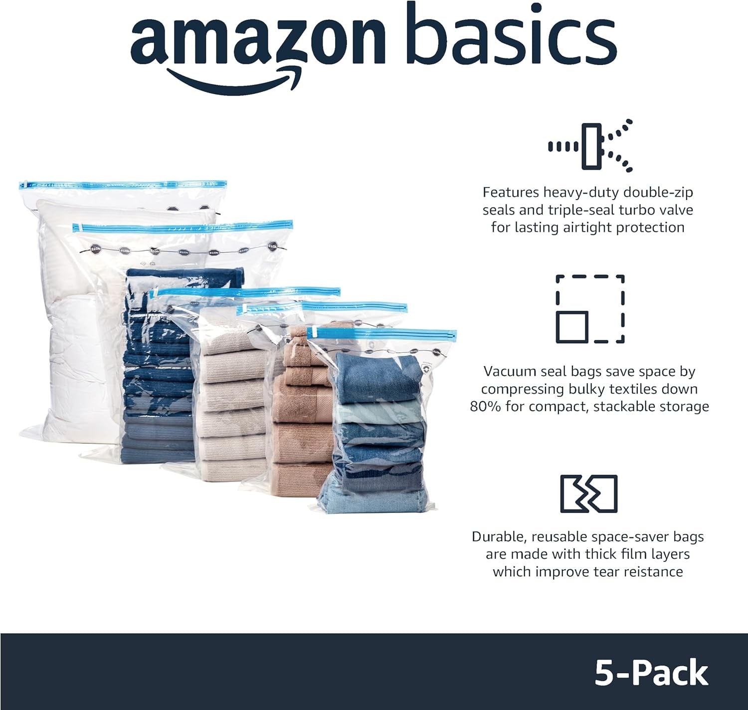 Vacuum Compression Zipper Storage Bags with Hand Pump, Medium, Clear, 5-Pack, White, Sky Blue