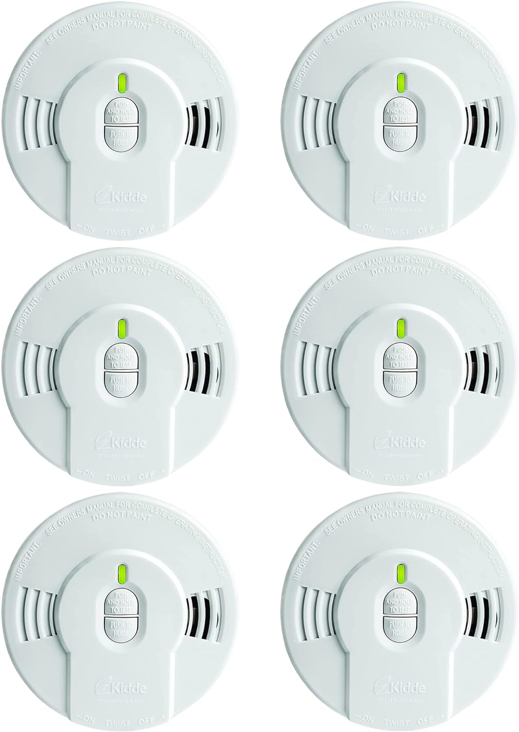 Smoke Detector, 10-Year Battery, LED Indicators, Replacement Alert, Test-Reset Button, 6 Pack, White