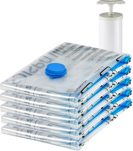 Vacuum Compression Zipper Storage Bags with Hand Pump, Medium, Clear, 5-Pack, White, Sky Blue