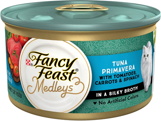 Wet Cat Food, Medleys Tuna Primavera with Tomatoes, Carrots and Spinach in a Silky Broth - (24) 3 Oz. Cans