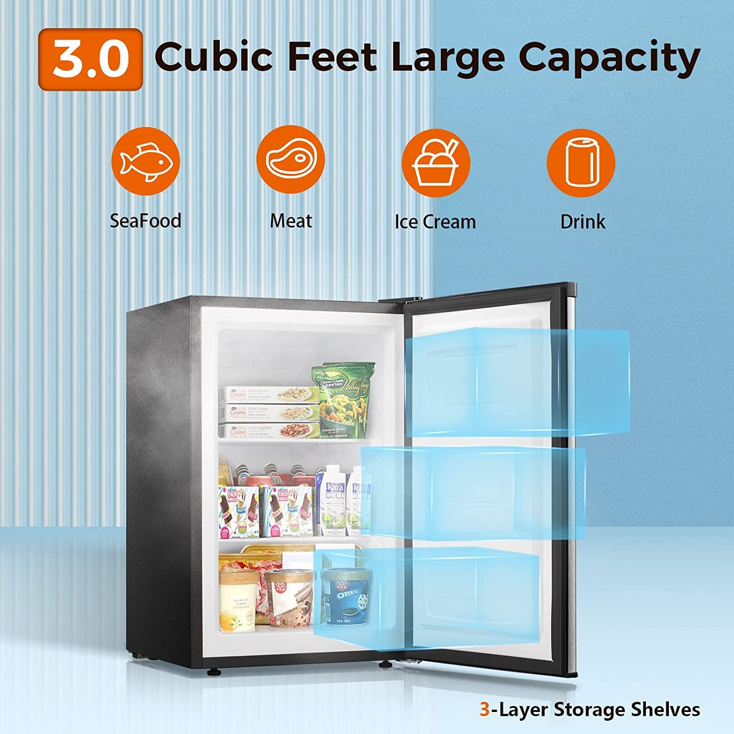 3.0 Cu.Ft Compact Upright Freezer with Reversible Single Door,Removable Shelves Mini Freezer with Adjustable Thermostat for Home/Kitchen/Office (3.0 Cu.Ft, Stainless Steel)