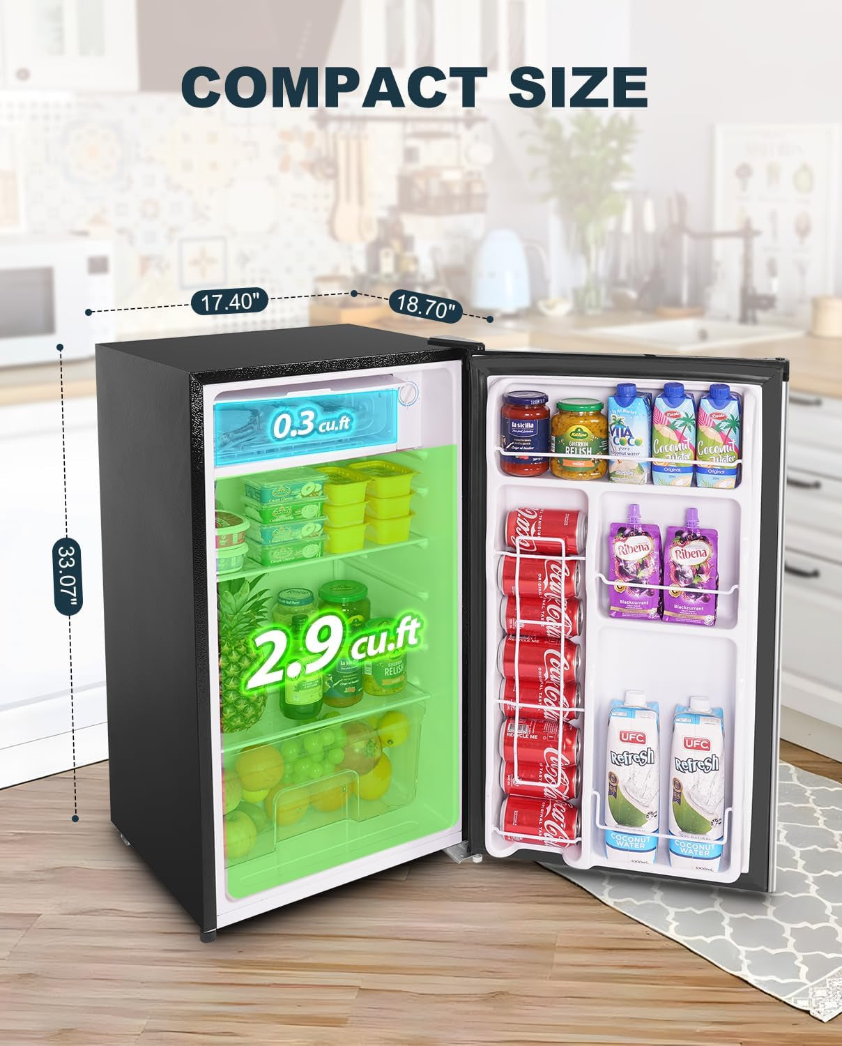 3.2 Cu.Ft Mini Fridge with Freezer, Single Door Mini Fridge, Adjustable Thermostat, Mini Refrigerator for Dorm, Office, Bedroom, Stainless Steel-Sr321