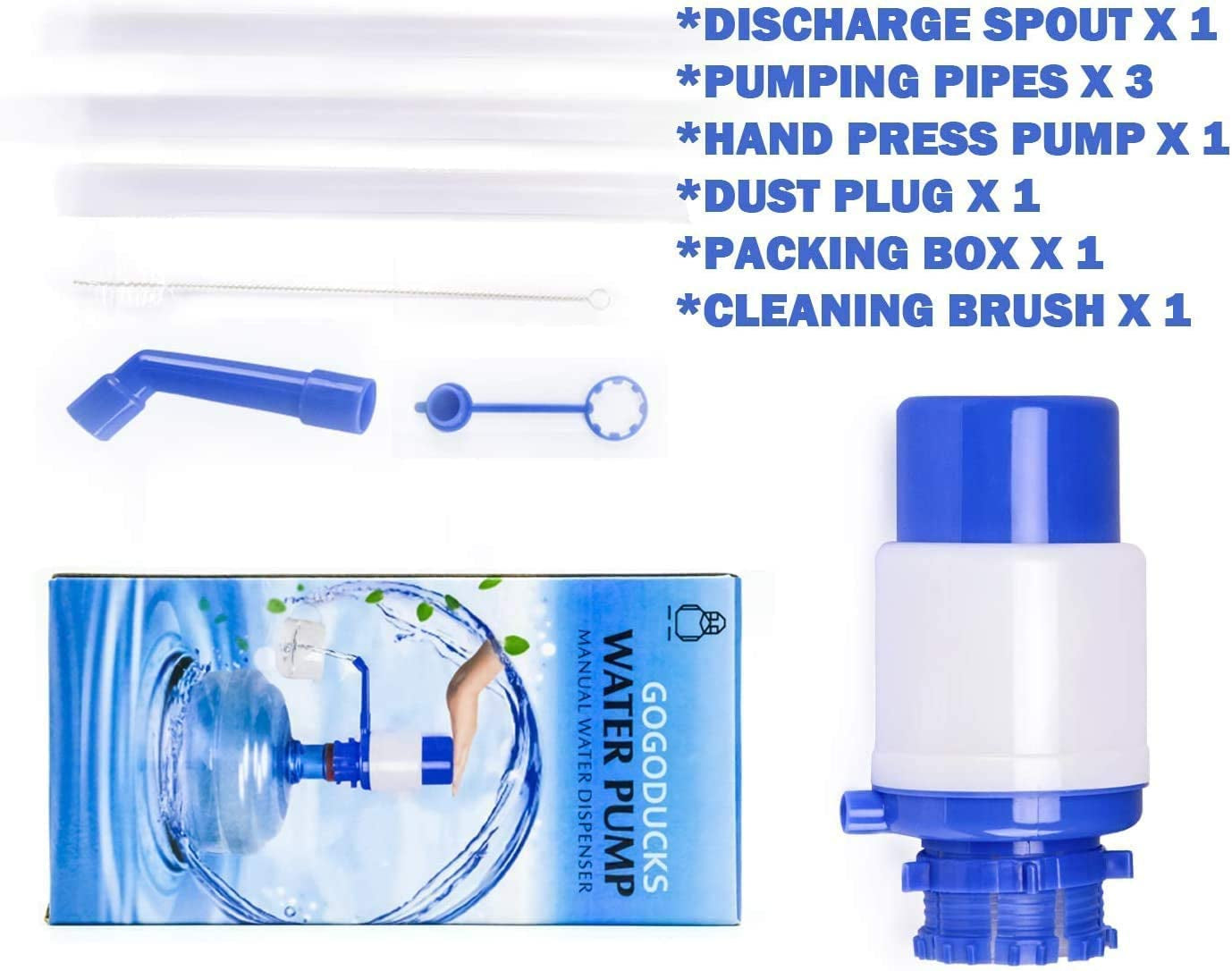 Water Bottles Pump Blue Manual Hand Pressure Pump Drinking Fountain Water Press Pump with an Extra Short Tube and Cap Fits Most 2-6 Gallon Water Coolers …