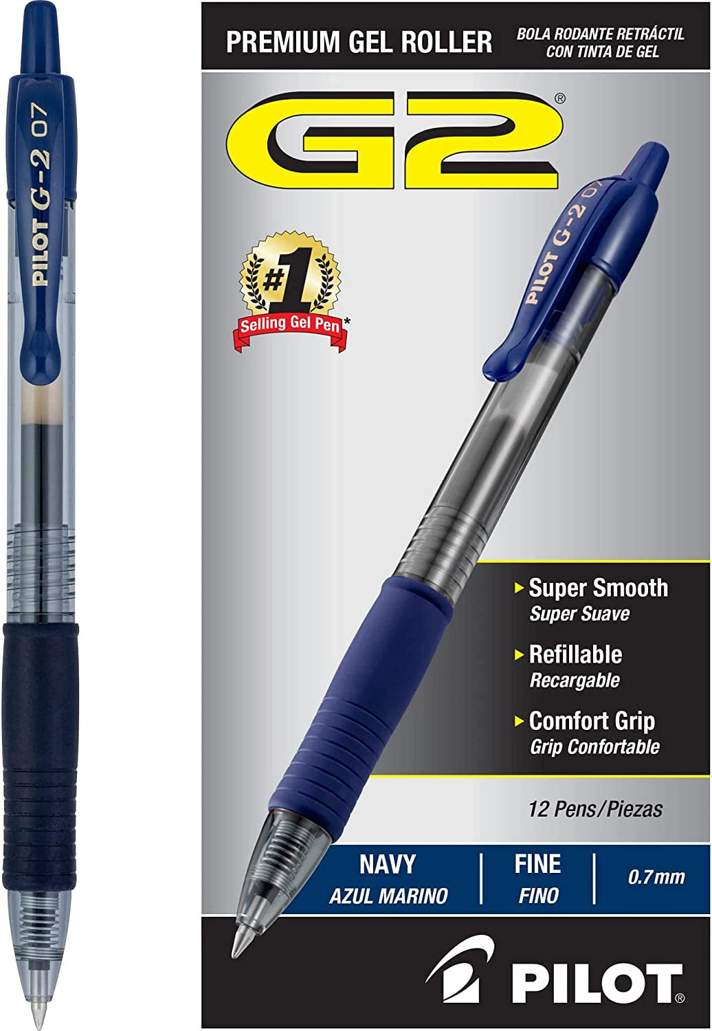 , G2 Premium Gel Roller Pens, Fine Point 0.7 Mm, Navy Blue, Pack of 12