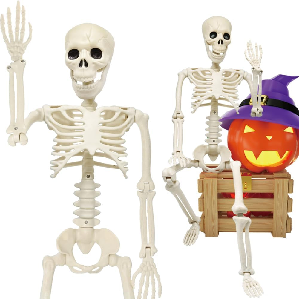 36In Skeleton Halloween Decorations, 3Ft Full Body Posable Life like Skeleton Realistic Human Plastic Bones with Movable Joints for Halloween Party Lawn Haunted House Decor