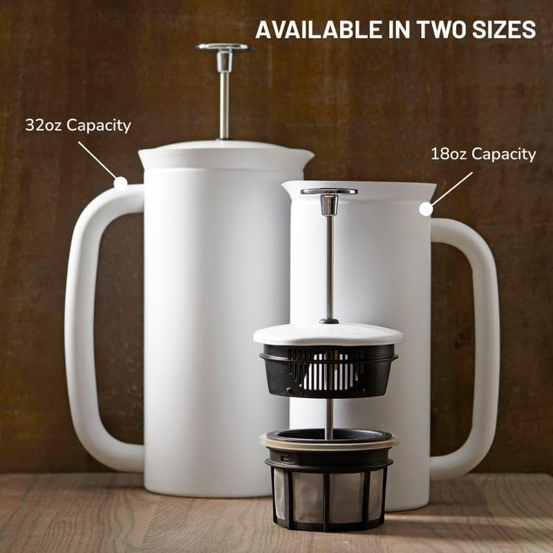 - P7 French Press - Double Walled Stainless Steel Insulated Coffee and Tea Maker with Micro-Filter - Keep Drinks Hotter for Longer, Perfect for Home (Matte White, 32 Oz)