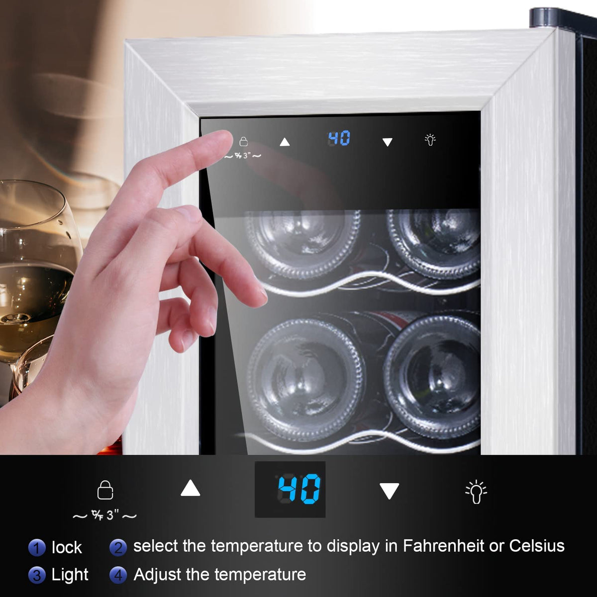 Mini Fridge Compressor Cooler, 12 Bottles Wine Refrigerator, Freestanding Wine Cellar 41F-64F One Touch Temperature Control, for Home, Office or Bar.