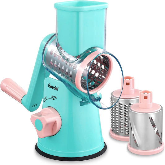 Rotary Cheese Grater, Kitchen Mandoline Vegetable Slicer with 3 Interchangeable Blades, Easy to Clean Rotary Grater Slicer for Fruit, Vegetables, Nuts