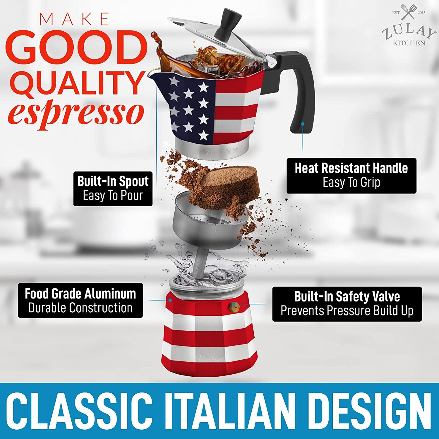 Zulay Classic Stovetop Espresso Maker for Great Flavored Strong Espresso, Classic Italian Style 3 Espresso Cup Moka Pot, Makes Delicious Coffee, Easy to Operate & Quick Cleanup Pot (American Flag)