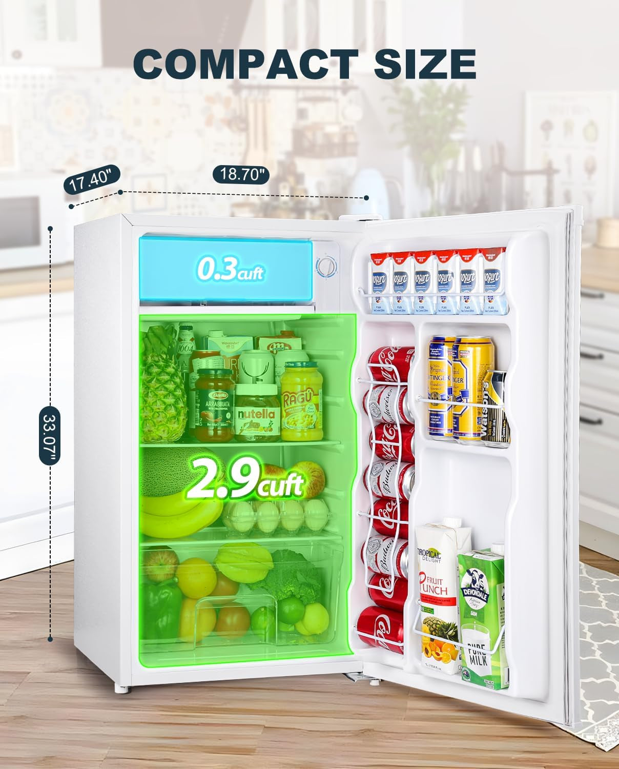 3.2 Cu.Ft Mini Fridge with Freezer, Single Door Mini Fridge, Adjustable Thermostat, Mini Refrigerator for Dorm, Office, Bedroom, White-Br321