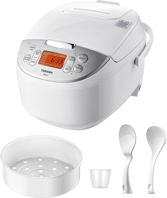 Rice Cooker 6 Cup Uncooked – Japanese Rice Cooker with Fuzzy Logic Technology, 7 Cooking Functions, Digital Display, 2 Delay Timers and Auto Keep Warm, Non-Stick Inner Pot, White