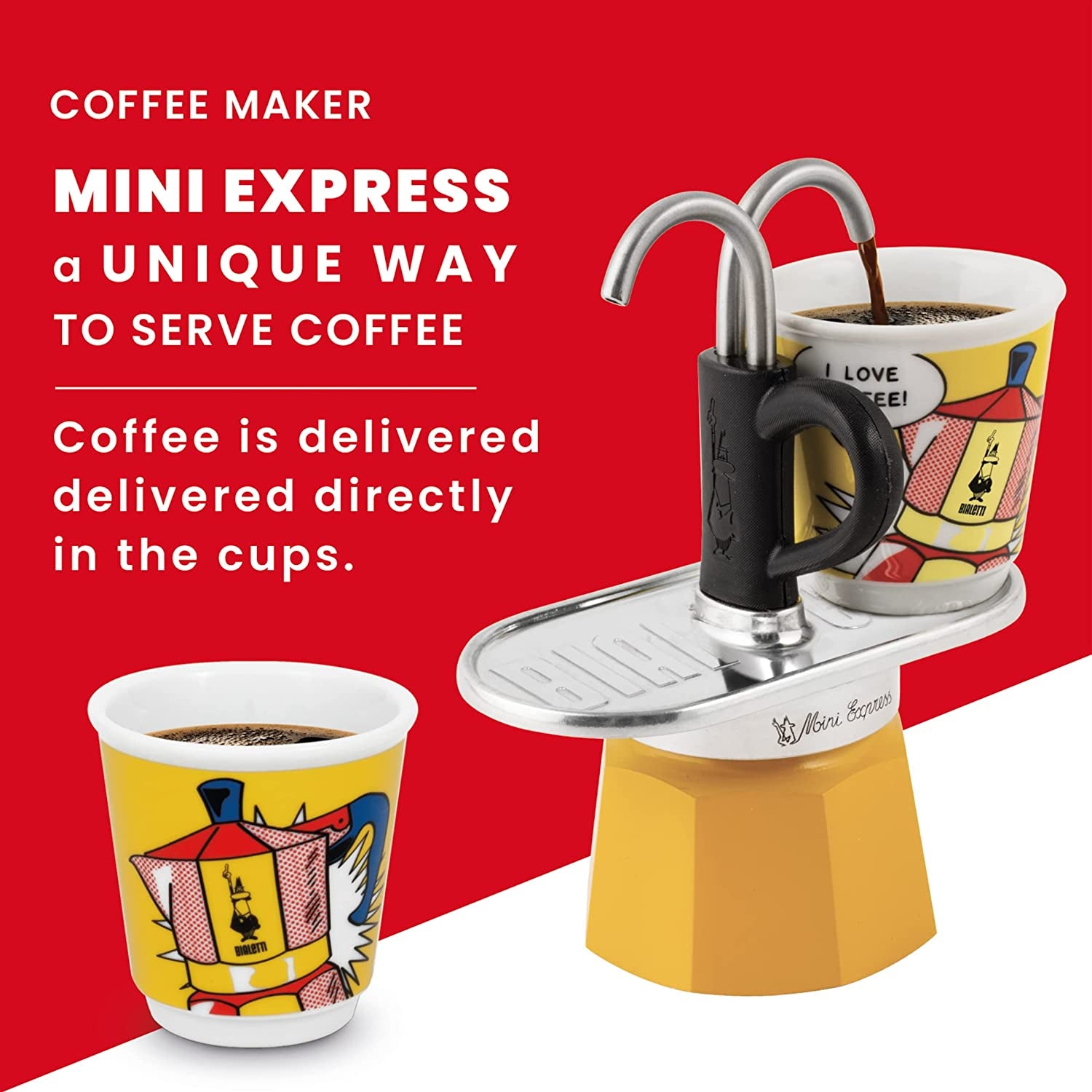 - Mini Express Lichtenstein: Moka Set Includes Coffee Maker 2-Cup (2.8 Oz) + 2 Shot Glasses, Yellow, Aluminium