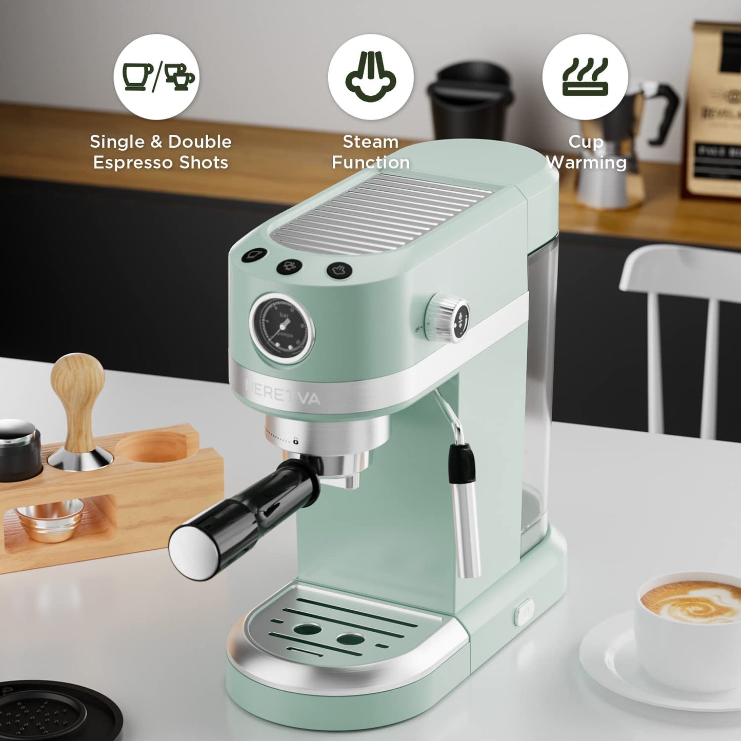 20 Bar Espresso Coffee Machine with Steam Wand for Latte Espresso and Cappuccino, Compact Espresso Maker for Home Barista, 1350W Premium Italian High Pressure - Mint Green