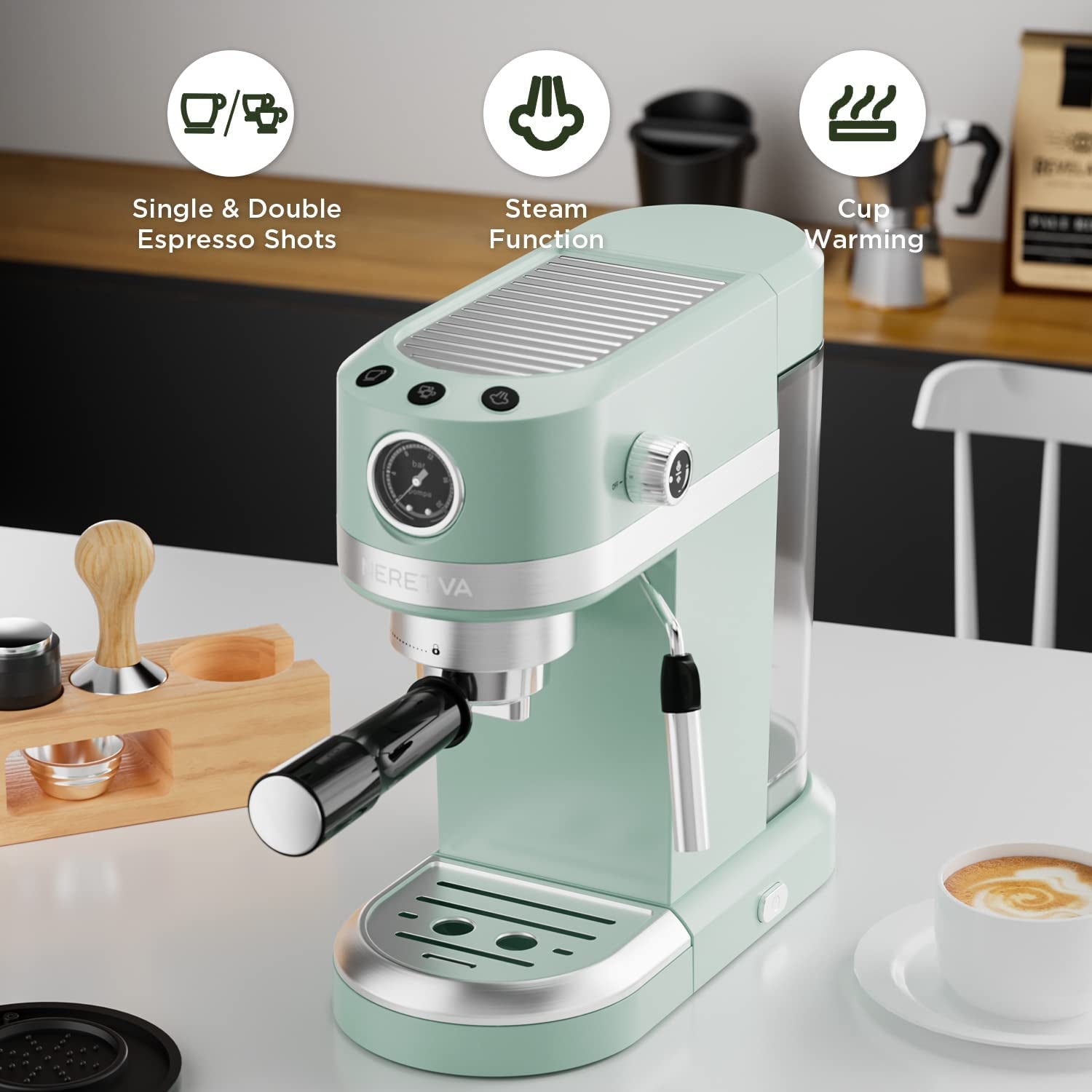 20 Bar Espresso Coffee Machine with Steam Wand for Latte Espresso and Cappuccino, Compact Espresso Maker for Home Barista, 1350W Premium Italian High Pressure - Mint Green