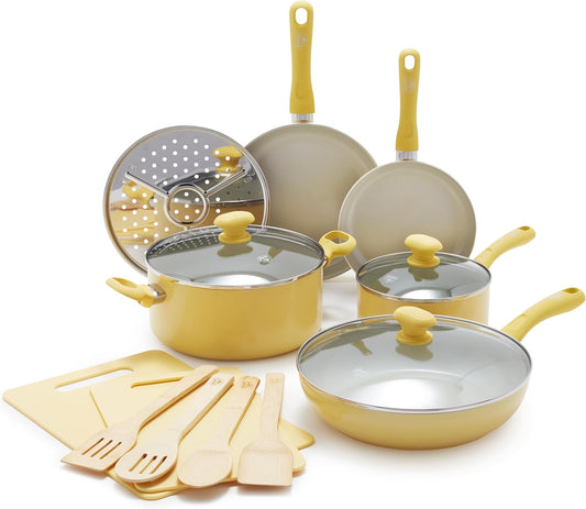 Sandstone Healthy Ceramic Nonstick, 15 Piece Kitchen Cookware Pots and Frying Sauce Pans Set, PFAS- Free, Dishwasher Safe, Yellow