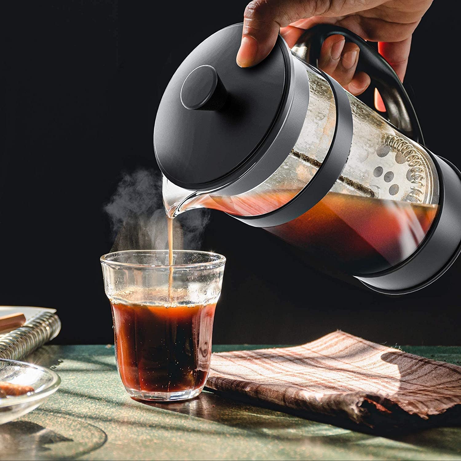 - French Press Coffee Maker, Espresso Tea and Coffee Maker with Triple Filters 34 Ounce, Stainless Steel Plunger and Heat Resistant Borosilicate Glass - Black