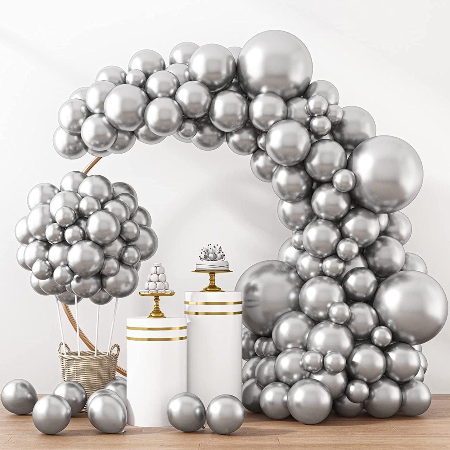 129Pcs Metallic Silver Balloons Latex Balloons Different Sizes 18 12 10 5 Inches Party Balloon Kit for Birthday Party Graduation Baby Shower Wedding Holiday Easter Decoration