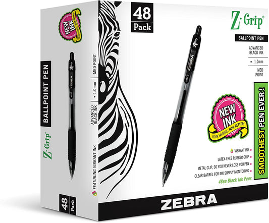 Zebra® Z-Grip™ Retractable Ballpoint Pens, Medium Point, 1.0 Mm, Clear Barrel, Black Ink, Pack of 48