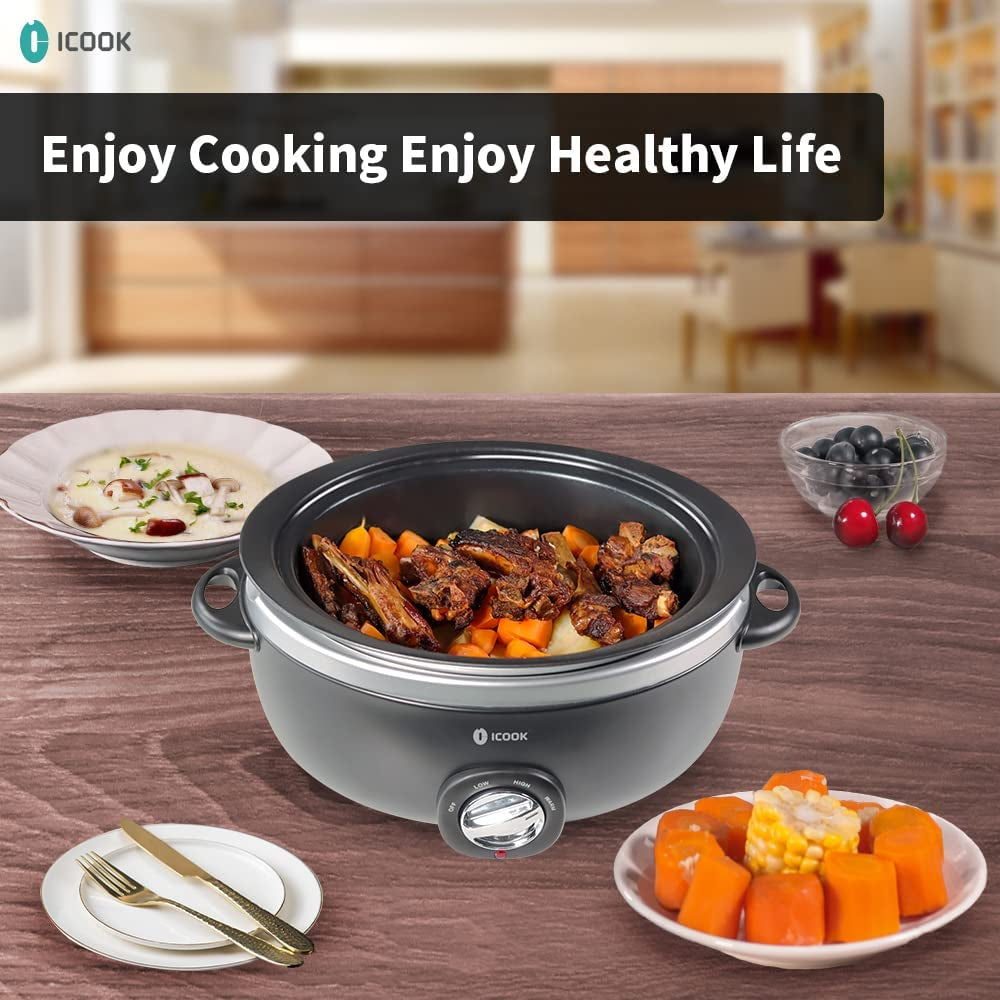 USC-65-OP001BK 6.5 Quart Slow Cooker,Aluminium Sear/Sauté Stew Pot Stovetop Safe,Dishwasher Safe,Glass Lid,Adjustable Temp,Food Warmer,Black