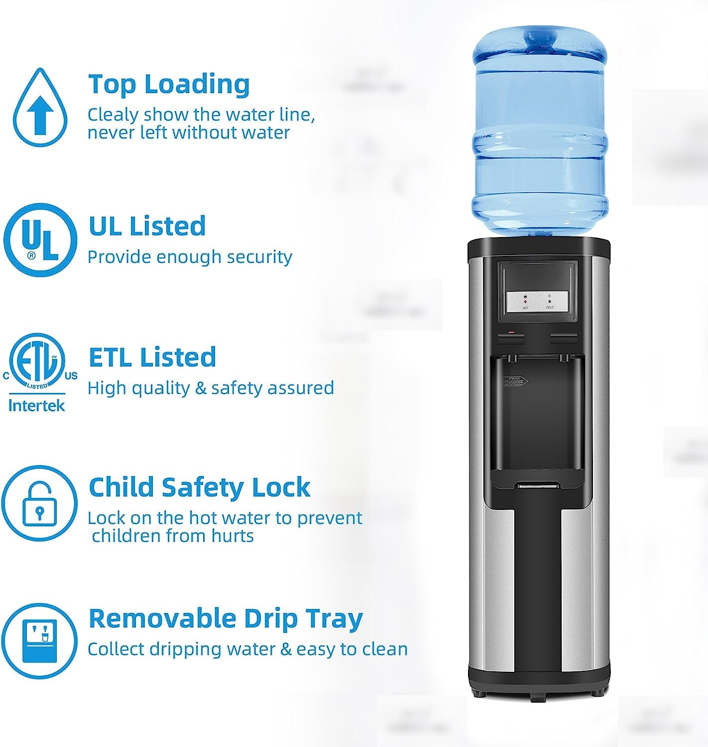 Water Cooler Dispenser, 5 Gallon Top Loading Water Cooler Water Dispenser, 2 Temps (Hot & Cold), Quiet, Black and Stainless Steel, ETL Listed, Child Safety Lock