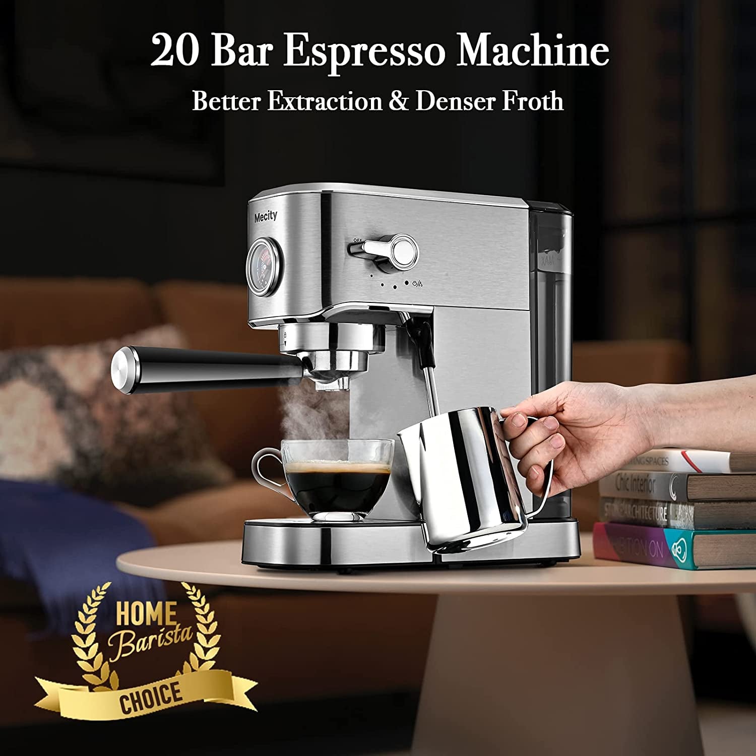 20 Bar Espresso Machine, Professional Cappuccino Maker with Milk Frother Steam Wand, Brushed Stainless Steel Coffee Machine 37 Oz Removable Water Reservoir, 1350W
