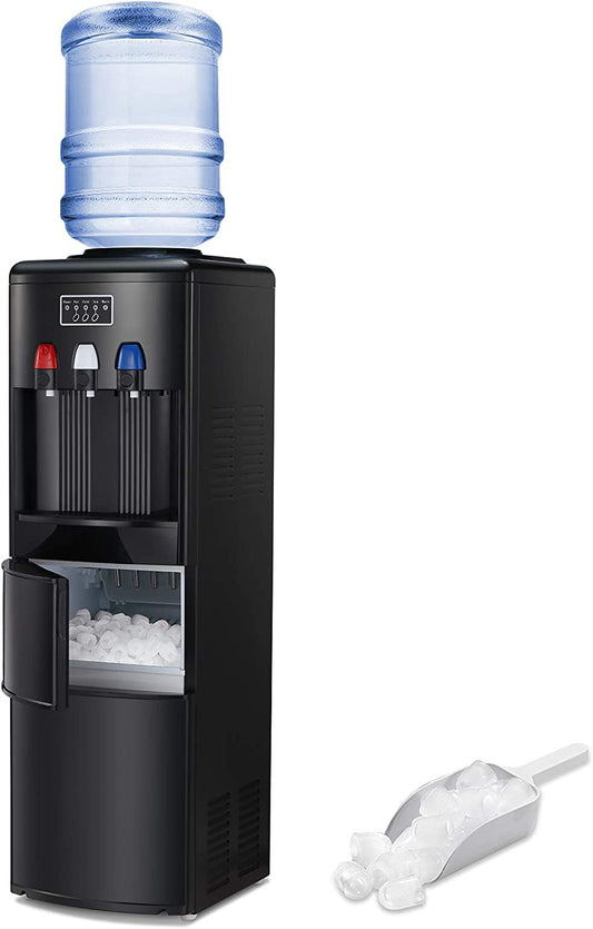 2-In-1 Water Cooler Dispenser with Built-In Ice Maker, Freestanding Hot Cold Top Loading Water Dispenser, 2, 3 or 5 Gallon Bottle with Child Safety Lock (Black)
