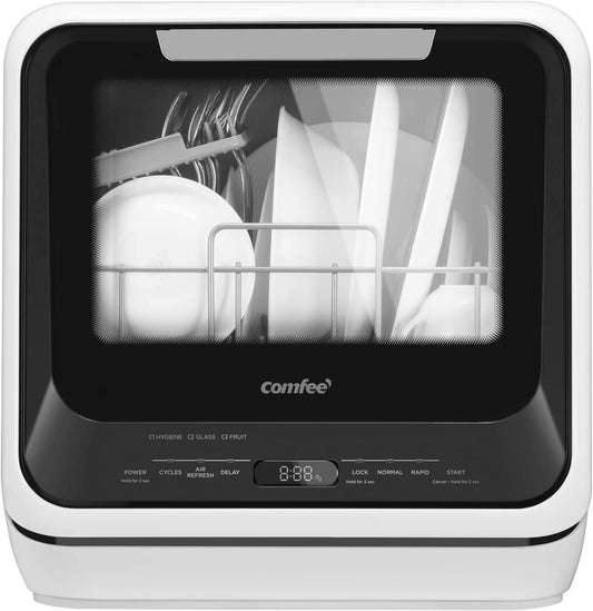 Portable Mini Dishwasher Countertop with 5L Built-In Water Tank for Apartments& Rvs, No Hookup Needed, 6 Programs, 360° Dual Spray, 192℉ High-Temp& Air-Dry Function