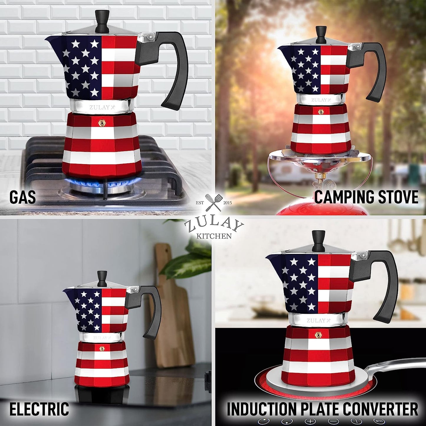 Zulay Classic Italian Style 5.5 Espresso Cup Moka Pot, Classic Stovetop Espresso Maker for Great Flavored Strong Espresso, Makes Delicious Coffee, Easy to Operate & Quick Cleanup Pot (American Flag)