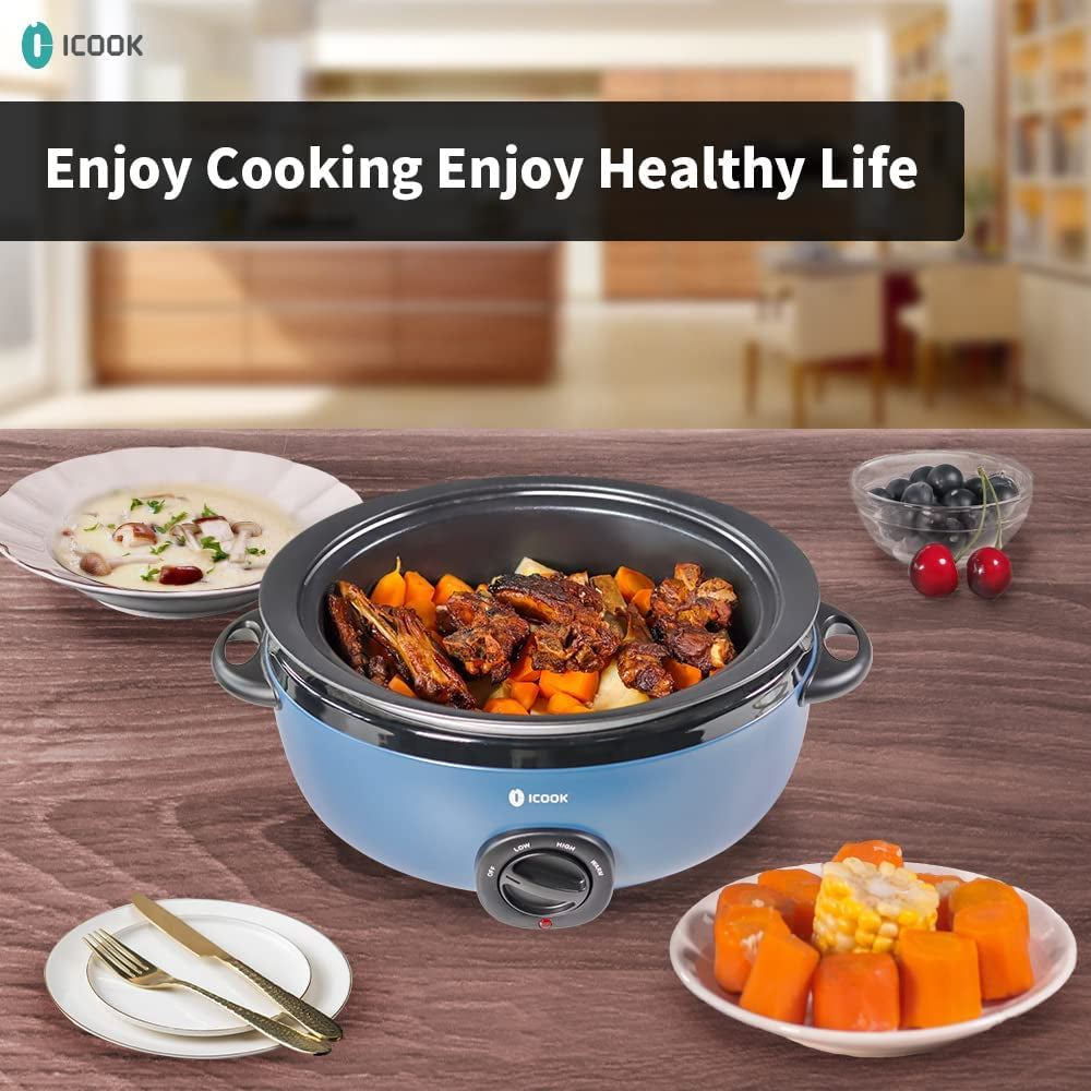 USC-65-OP001BL 6.5 Quart Slow Cooker,Aluminium Sear/Sauté Stew Pot Stovetop Safe,Dishwasher Safe,Glass Lid,Adjustable Temp,Food Warmer,Blue