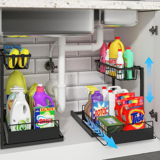 under Sink Organizer, 2 Pack Height Adjustable Kitchen Organizers and Storage, 2 Tier Pull Out Sliding Cabinet Organizer, Multi-Use for Kitchen Bathroom Cabinet