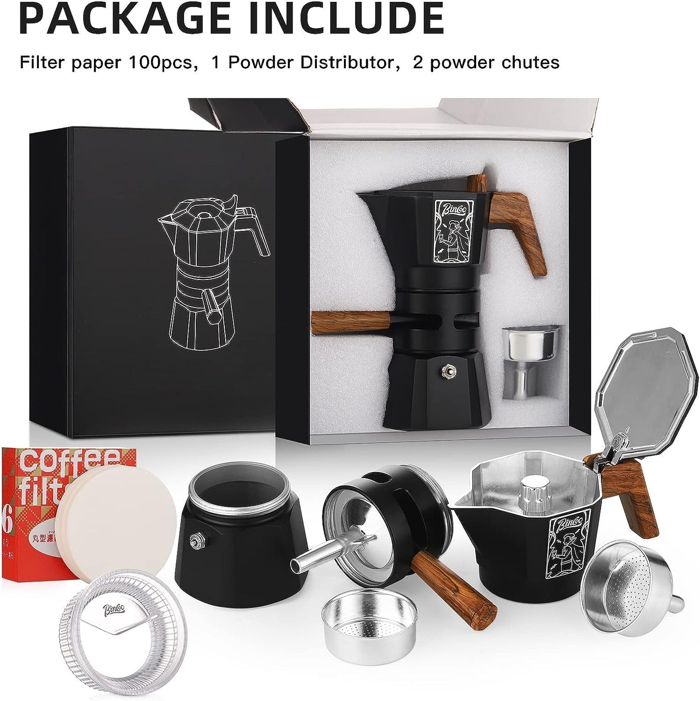 120ML/2 Cup Stovetop Espresso Maker Double Valve Moka Pot with Thermostat Extractor Prevent Over-Extraction,Italian Espresso Moka Pot with Powder Dispenser and Filter Paper for Home(Black)