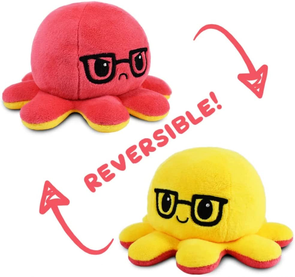 - the Original Reversible Octopus Plushie - Red + Yellow with Glasses - Cute Sensory Fidget Stuffed Animals That Show Your Mood 4X4X3